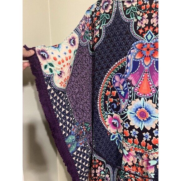 Johnny Was Saba Tunic Dress Coverup Purple Floral Fringe Kaftan Boho Chic size L - Picture 9 of 10